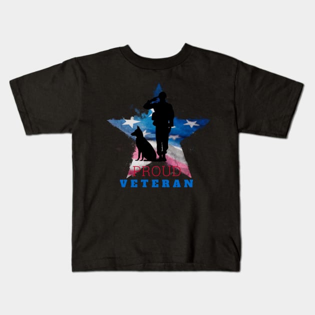 Proud Veteran with Star American Flag Soldier and Dog Kids T-Shirt by WPKs Design & Co